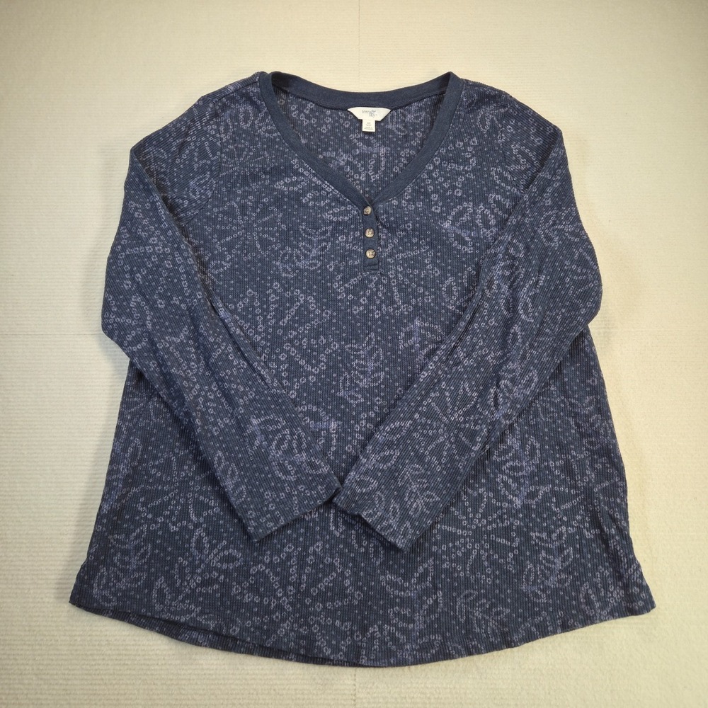 Terra & Sky Women's Thermal Henley Top Size 0X (14W) Blue Floral Print